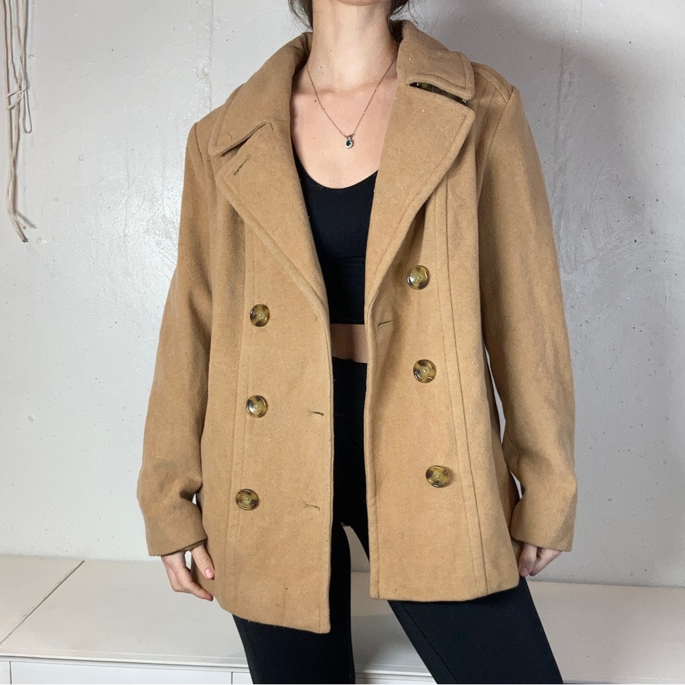 Classic Tan Double Breasted Neutral Button Up Pea Coat